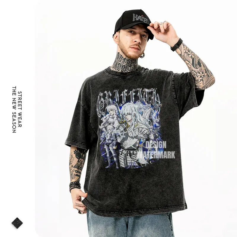 T-Shirt Griffith oversize Streetwear Vintage Washed Anime Kenpuu Denki T Shirt manica corta Retro Manga buds top Tees Men