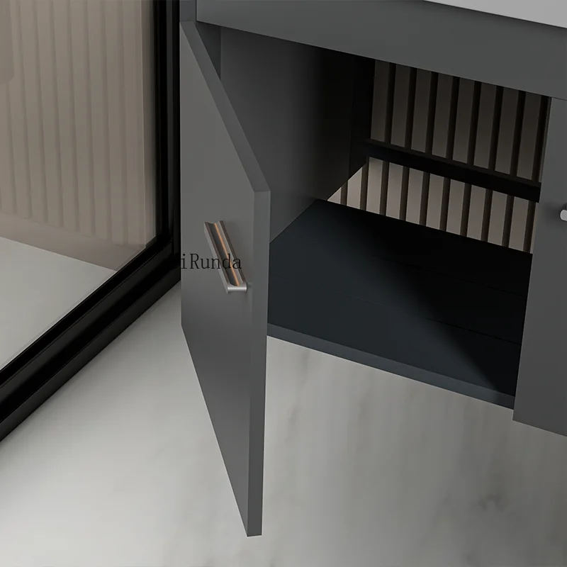 Mueble de baño blanco roto montado en la pared con espejo inteligente moderno de lujo suspendido de aluminio