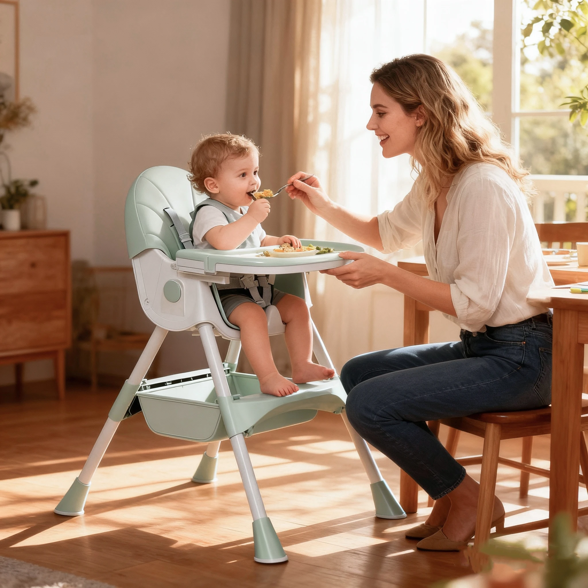 

Foldable baby high chair, multifunctional baby dining chair, adjustable backrest, double-layer dining tray for easy cleaning