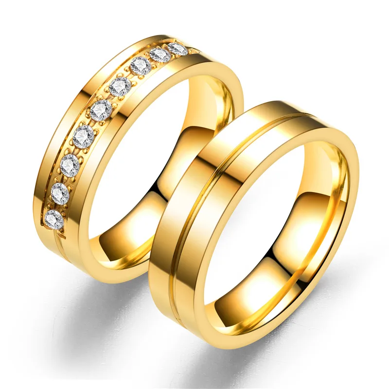 Trendy Wedding Bands Rings for Women Men Love Gift Gold-color Stainless Steel Promise Couple Jewelry