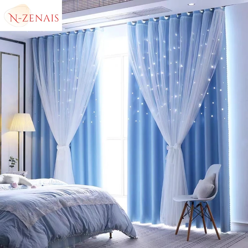 Double-layered Hollow Stars in The Same Fantasy Princess Style Trend Custom Size White Tulle Blackout Curtains for Bedroom