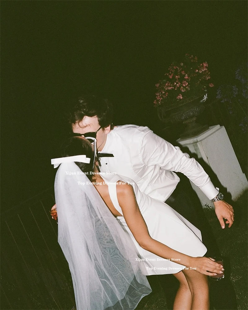 Xijun semplici abiti da sposa corti in raso avorio senza maniche a-line mini abiti da sposa occasioni formali abiti da ballo 2025 personalizzati