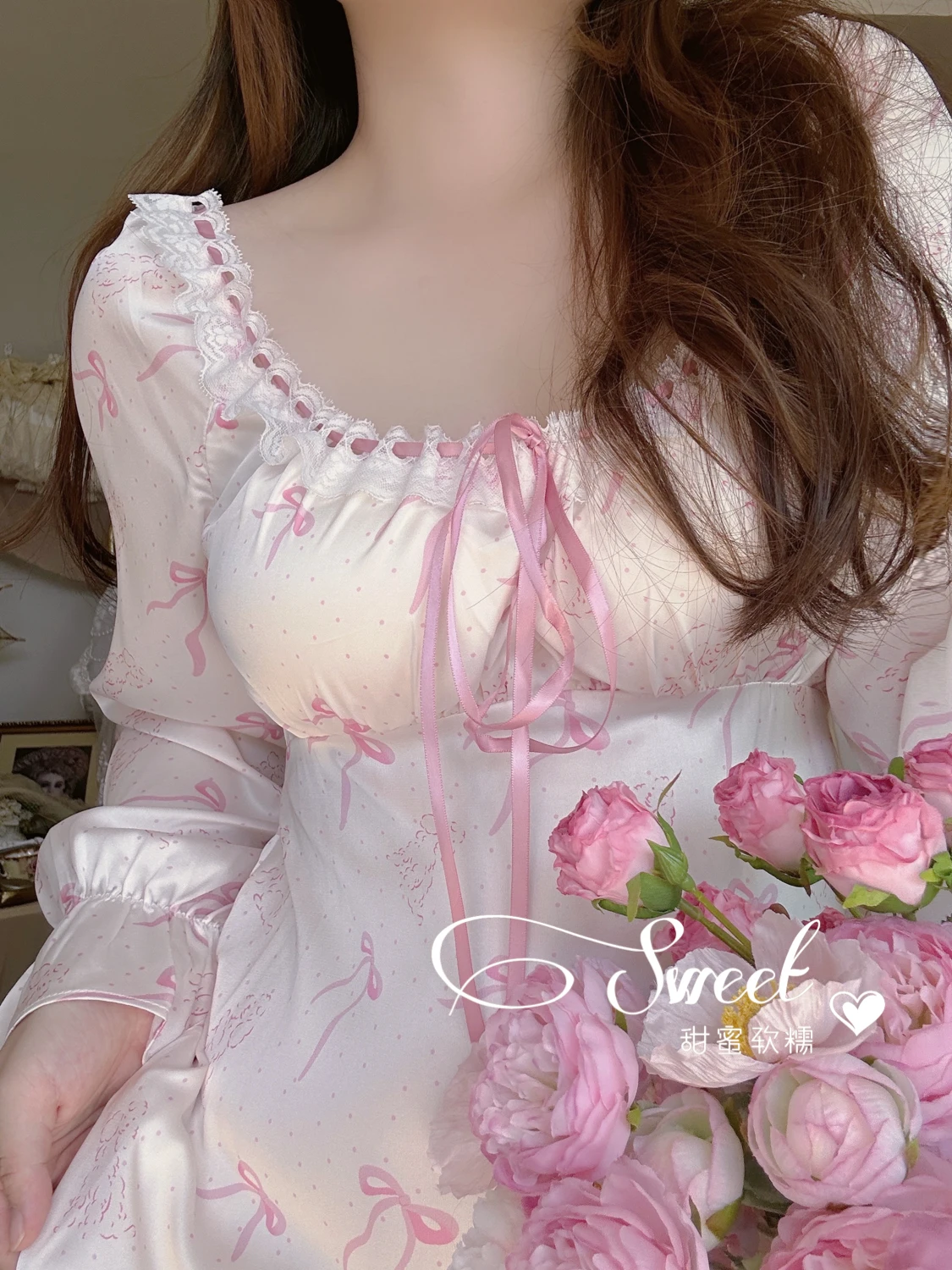 Bow Sweet Girls Nightgowns Satin Long Sleeve Lace Up with Chest Pad Mid Length Sleepshirts Loungewear Dress Spring Autumn