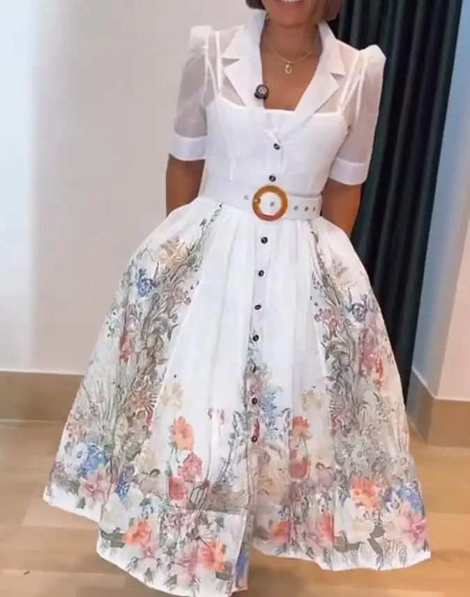 

Womens Dresses 2025 Spring New Fashion Floral Print Short Sleeve Waist Tied Detail Dress Casual Pocket Design A Line Midi Dress