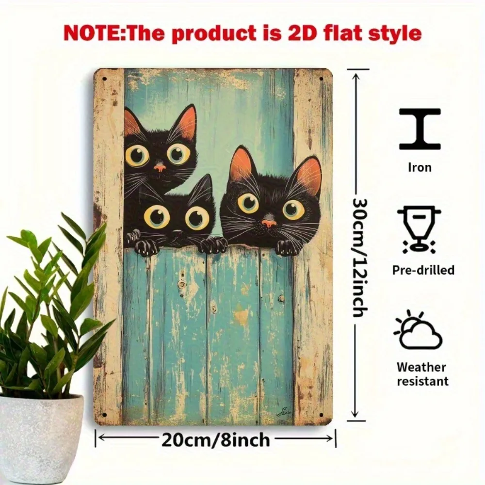 Three Black Cats Peeking Tin Sign - Playful Pet Lover Metal Wall Art for Fence Room, Unique Cat Enthusiast Gift