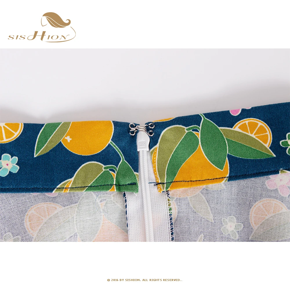 SISHION Blue Oranges Floral Printed Summer Skirts for Women VD0020 High Waist Swing Vintage Hepburn Umbrella Skirts Jupe Courte