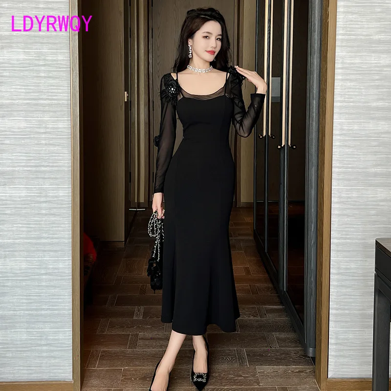 Annual Meeting Evening Dress 2023 Autumn/Winter New French Design Sense Mesh Slim Fit Fishtail Dress