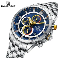 NAVIFORCE-Relógio de aço inoxidável impermeável masculino com pulseira, cronógrafo quartzo, data luminosa, marca original, moda relógios de pulso, 2024