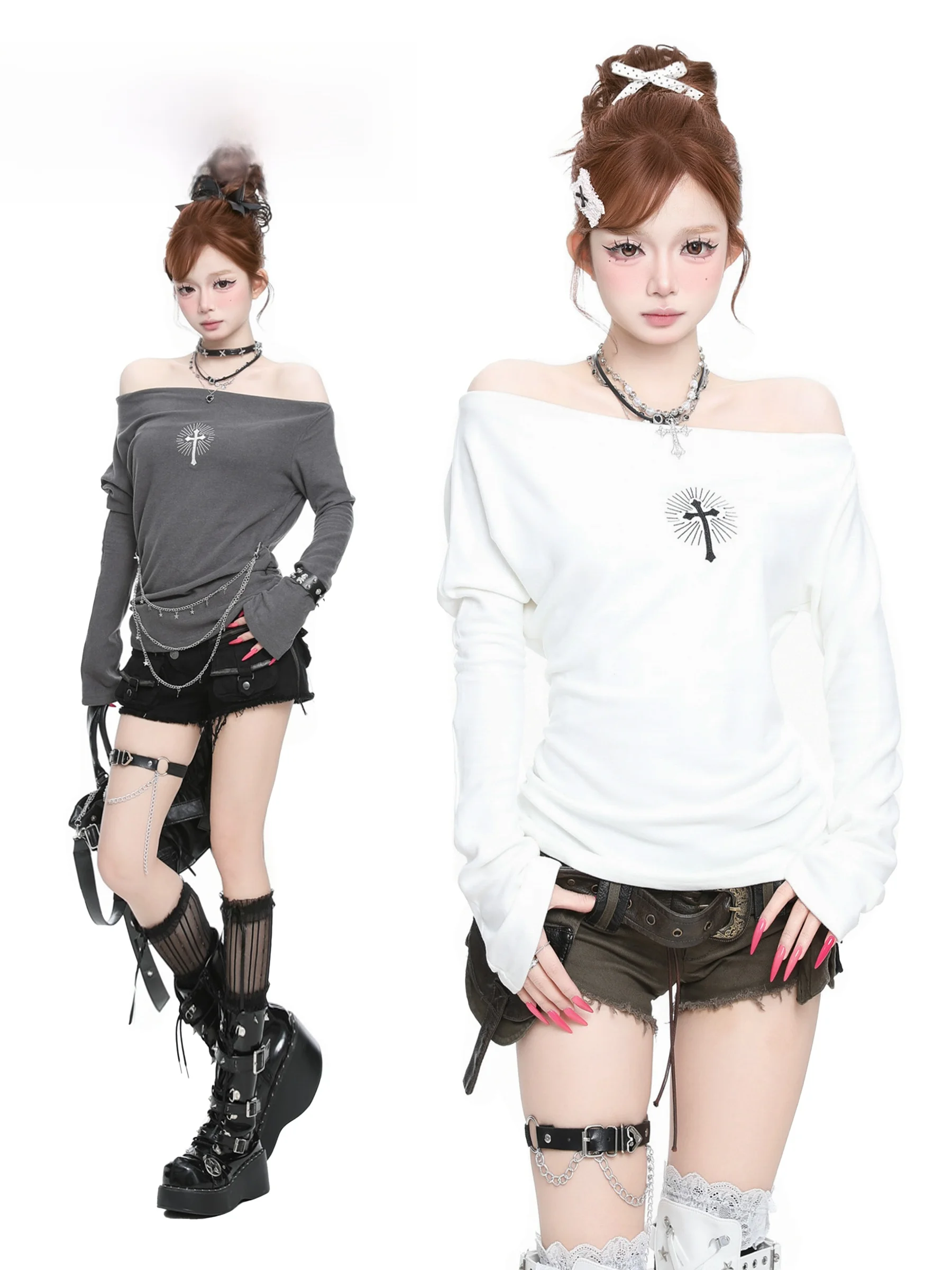 BASTERDS American Style Hot Girl Cross Stitching Long Sleeve T-Shirt Women's Slim Fit Inner Wear Spring Season High Waist