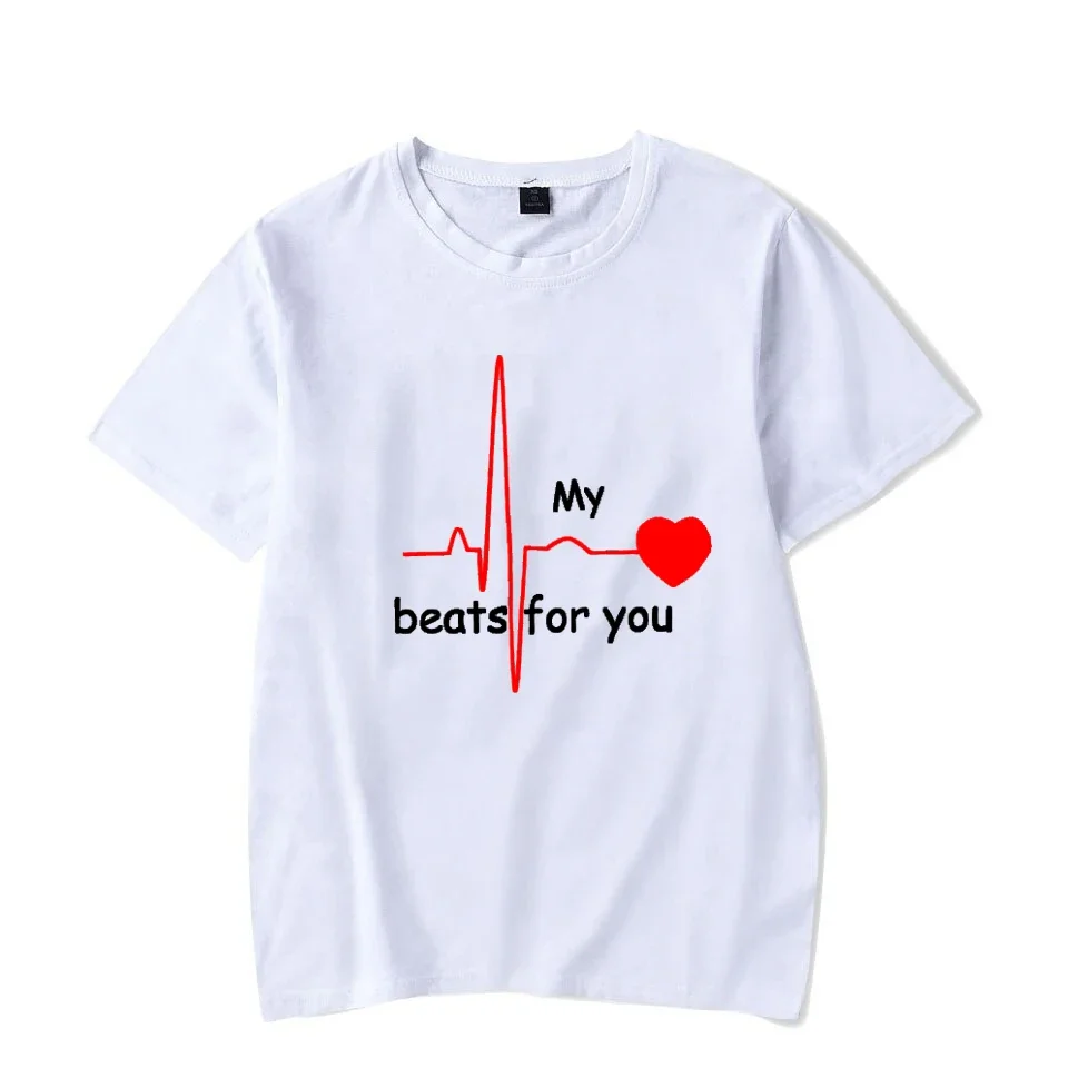 夏のカップルハートビートフォーユープリント Tシャツカジュアル女性男性 Tシャツカップル Tシャツ O ネックトップス原宿愛好家の服