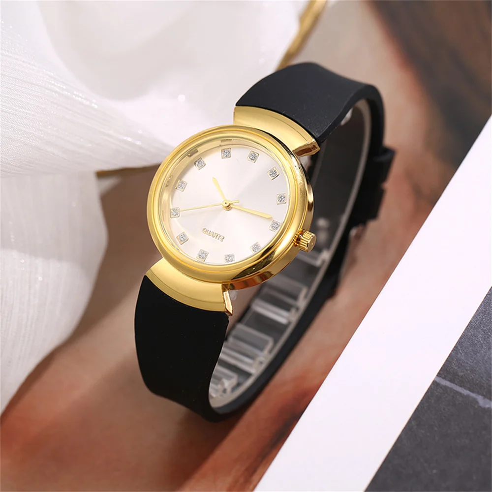 Luxury Women's Quartz Watch Black Silicone Strap Gold Diamond Dial Elegant Stylish Casual Ladies Wristwatch Wear Gift