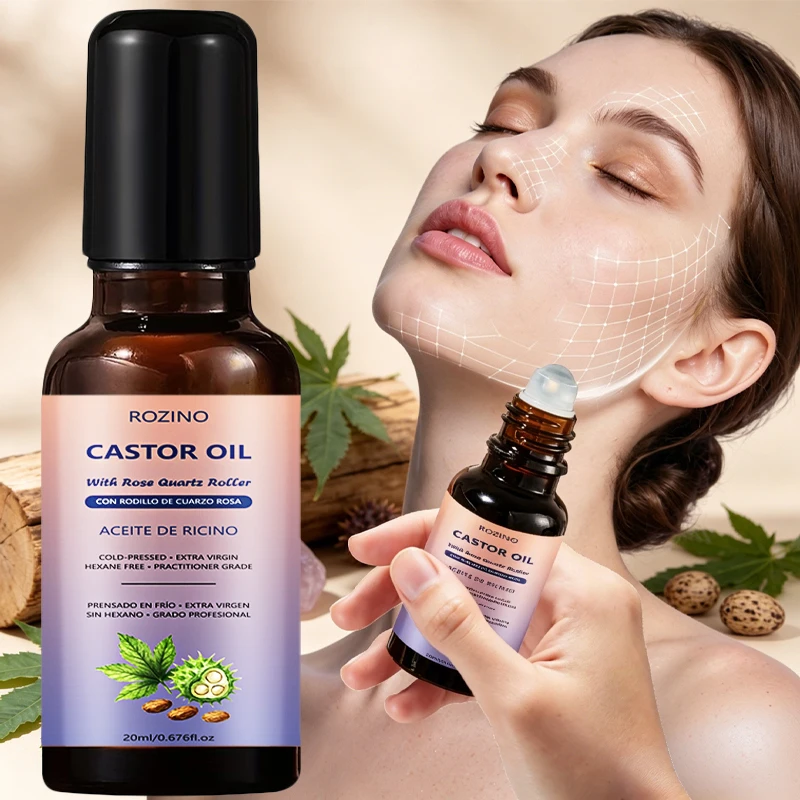 0.68 oz Cold-Pressed Castor Oil: Suitable for Facial, Neck, and Body Care, Comes with a Rolling Massage Head to Enhance Absorption, Leaves No Greasy Residue Portable Package, Powerfully Hydrates, Tightens and Brightens, Reduces Fine Lines and Neck Wrinkles, Improves Elasticity, Is Portable and Easy to Use, Suitable for All Skin Types.