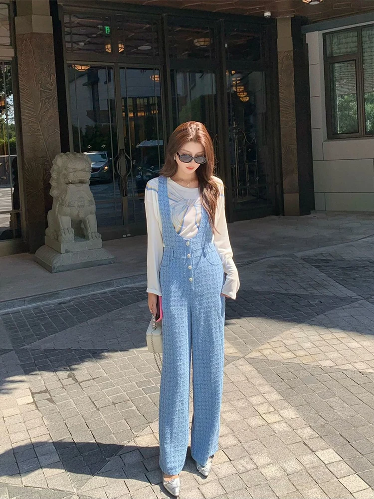 

Women Elegant Plaid Tank High Waisted Wide Leg Pants Romper Autumn Fashion Tweed Small Fragrant Style Elegant Jumpsuit