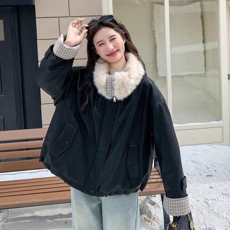 Furs femmes agneau polaire Patchwork blanc canard vers le bas doublé en cuir nouveaux vêtements d'extérieur veste en cuir PU hiver épaissi chaud vers le bas manteau