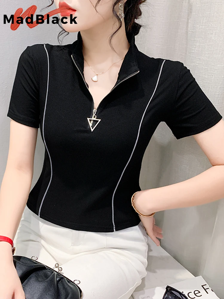 MadBlack Vintage Summer European Clothes TShirts Woman Sexy Turn Down Collar Zipper Slim Cotton Tops Short Sleeve Tees  T34305C