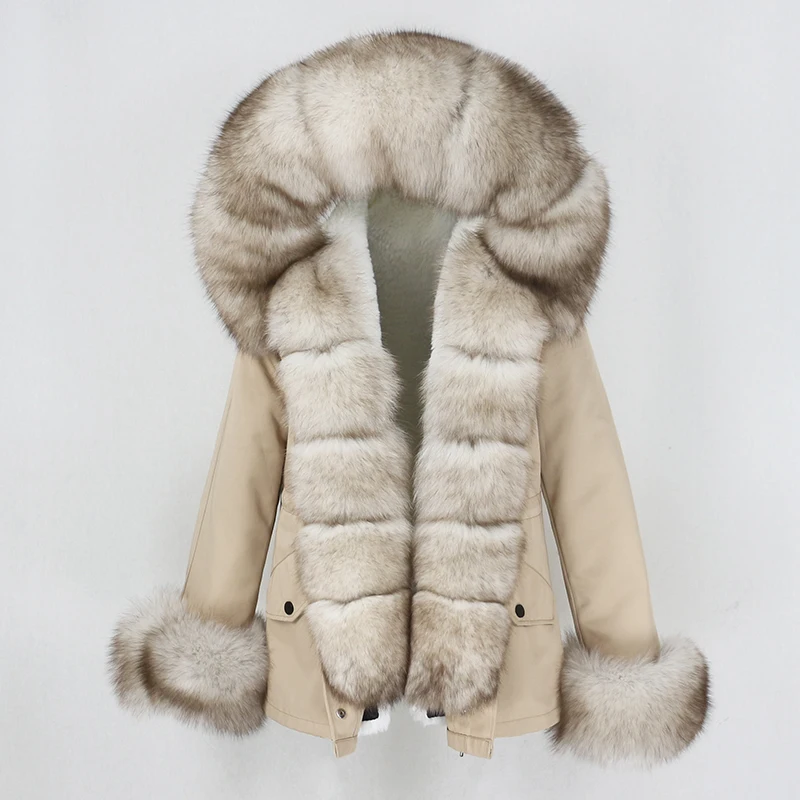 

New 2025 Women Real Fur Coat Natural Fox Fur Collar Hood Warm Streetwear Detachable Waterproof Short Parka Winter Jacket