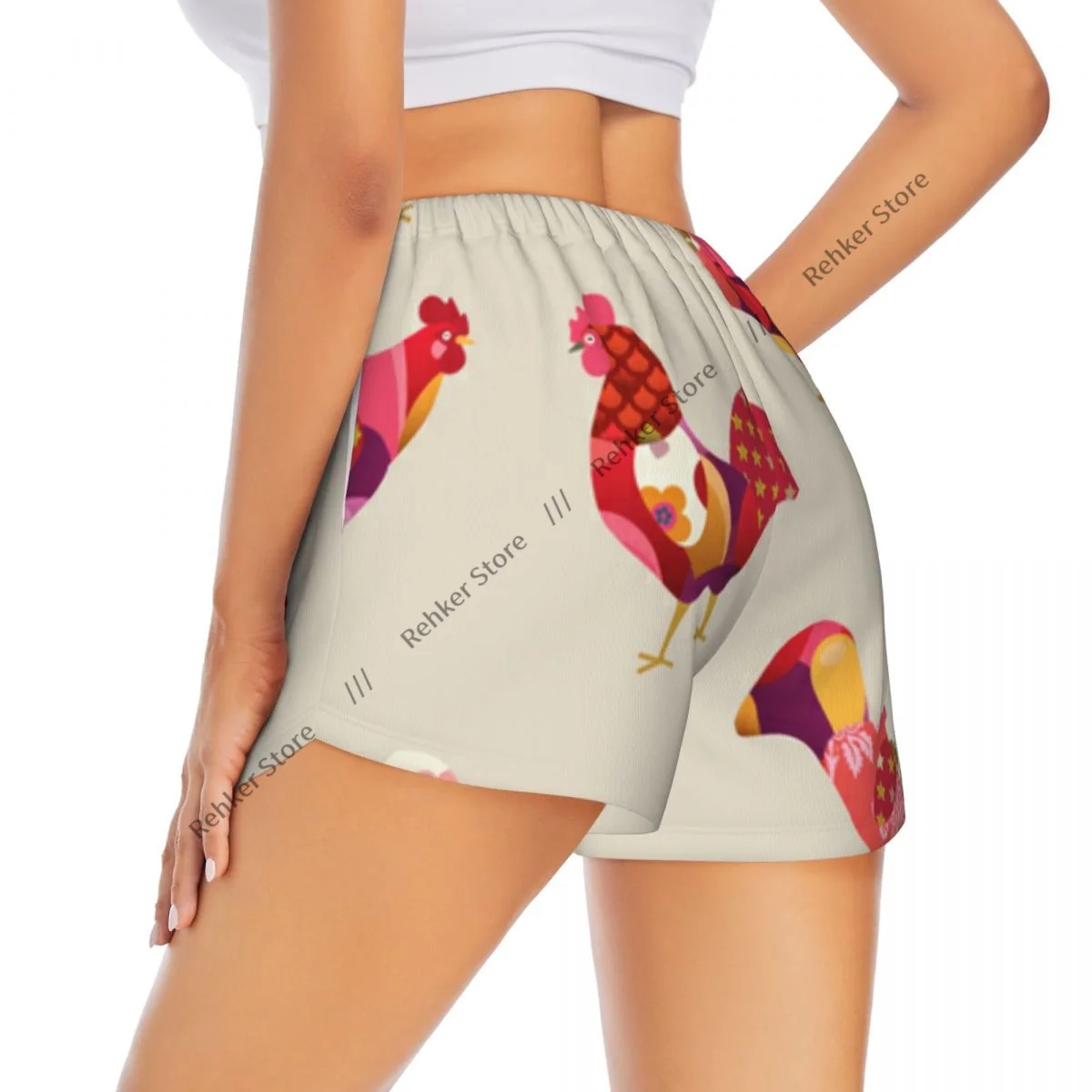 Kolorowe szorty sportowe damskie z podwójną warstwą, szybkoschnące, z symbolem kogucia, do biegania, fitnessu, treningu i rekreacji na świeżym powietrzu.