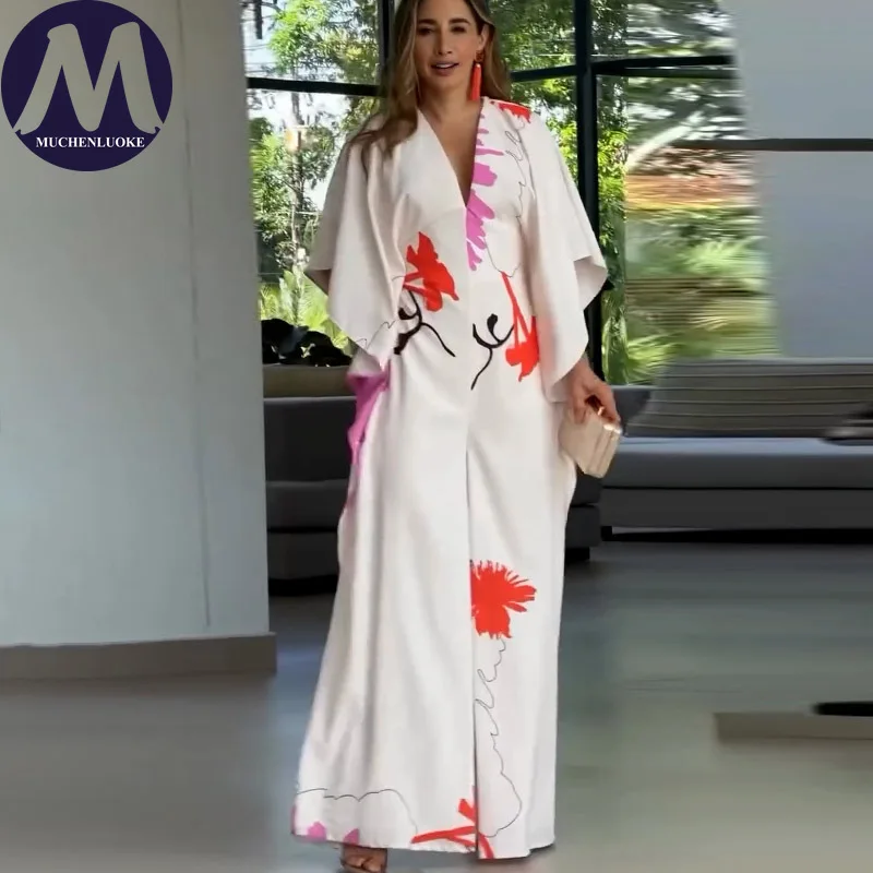 Women's Summer Wide-Leg Jumpsuit V-Neck Print Three Quarter Sleeve Casual Loose Fit Jumpsuits Fashionable for All Seasons