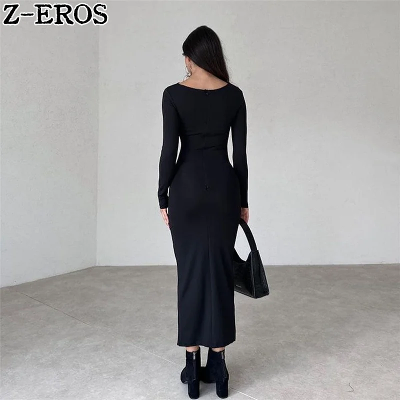 Z-EROS Autumn/Winter Fashion Round Neck Long Sleeve Slim Fit Wrap Hip Solid Color Temperament Dress with Drawn pleats Long Dress