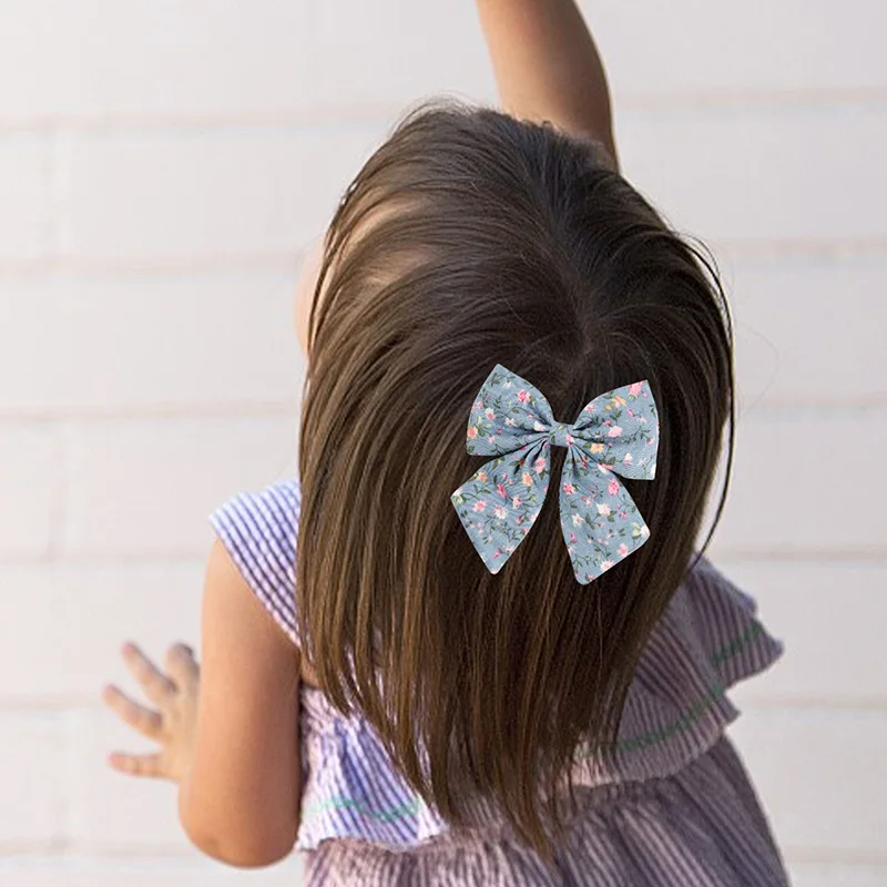 4.5in Flower Print Bows Hair With Clips Cute Girls Bowknot Hairwear Barrettes Kids Hairpins Children Hair Styling Accessories