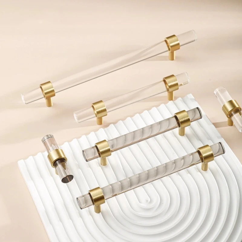 Modern Acrylic Drawer Knobs Gold Brass T-Bar Handle Cupboard Bathroom Pulls Kitchen Wardrobe Shoe Cabinet Furniture Door Handles