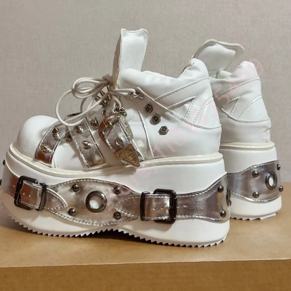 2026 White Silver Punk Platform Ankle Boots Women Spiked Rivet Buckle Lace Up Gothic Y2K Street Style Chunky High Top Shoes view 4
