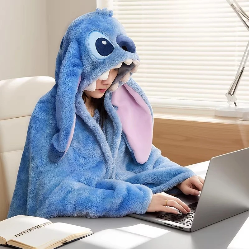 

Stitch Hooded Flannel Blanket Winter Warm Thick Throw with Buttons Shawl Cloak Women Men Home Office Lunch Break Blanket