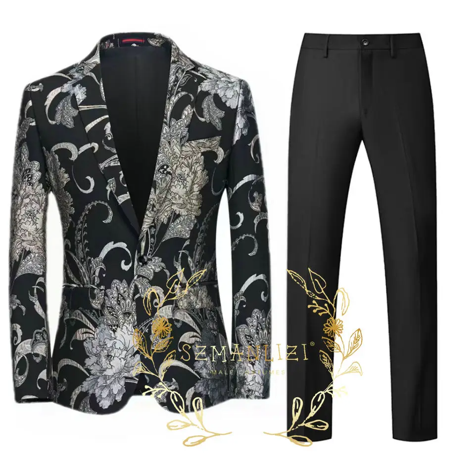

2023 Classic Floral Men Suits 2 Pieces Formal Slim Fit Prom Tuxedo Dress Groom Suits For Men Wedding Costume Jacket Pant