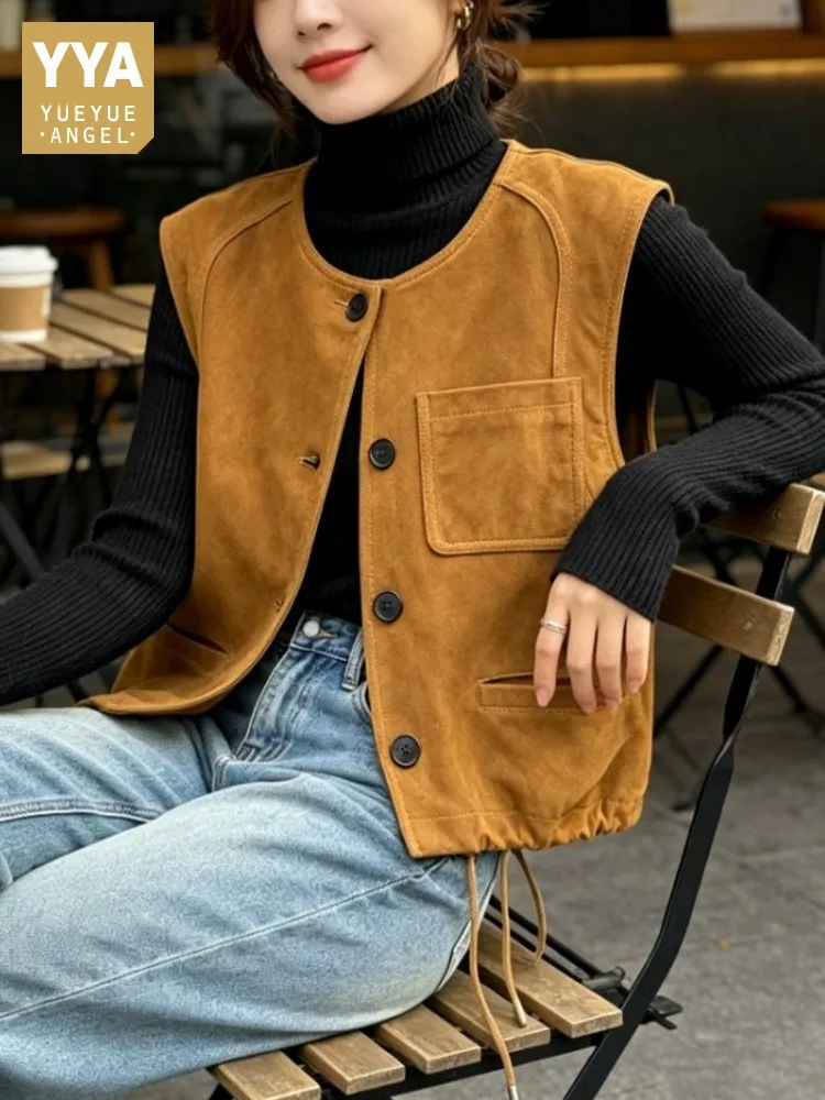 High Quality Women 100% Real Suede Leather Vest O Neck Single Breasted Loose Fit Waistcoat Vintage Autumn New Sleeveless Jacket