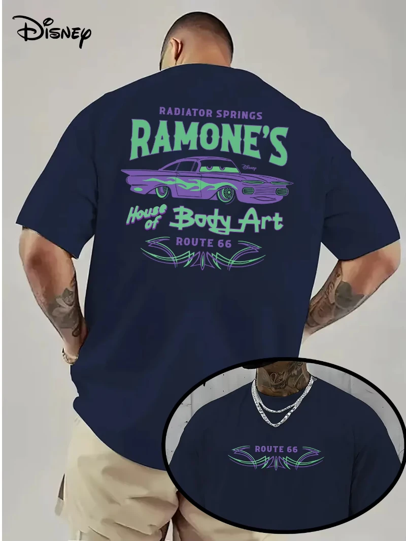 Disney Ramon Route 66 Retro Pattern Round Neck Casual Cotton Loose T-shirt with Bright Neon Design Disney Casual T-shirt