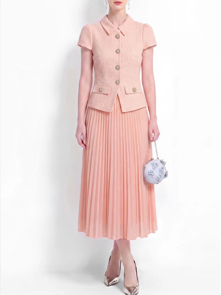 Elegant Chiffon Patchwork Round Neck Short Sleeved Pleated Dress 2026 New Fashionable Women'S Clothing