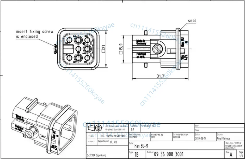 1pc connector 09360083001 male core han-8d 8-pin accessories