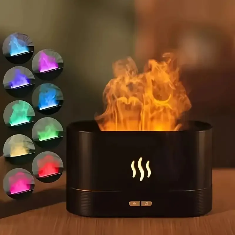 1 unidade Novo Umidificador Ultrassônico com Simulação de Chama, Difusor Portátil de Óleos Essenciais Aromáticos com Efeito de Lareira de 7 Cores, USB