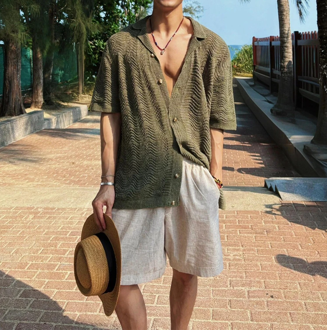 Cuban Collar Hollow Knitted Shirt Men's 2026 Summer Vacation Loose Short Sleeve Shirt