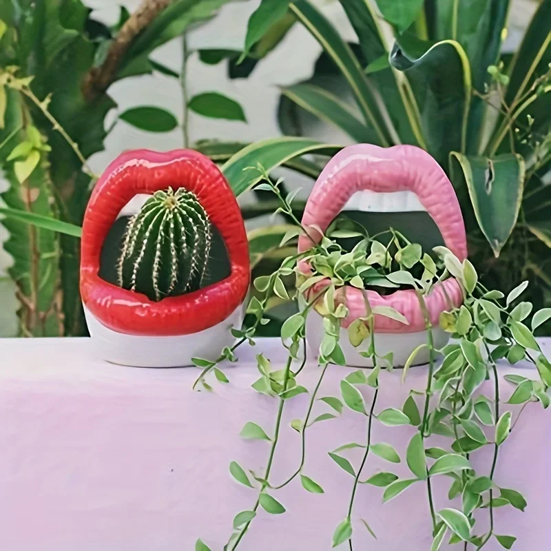 1pc Creative Flower Pot, Multifunctional Ceramic Red Lips Decorative Bottle, Cactus Plant Pot,  Snacks, Candy Display, Funny Gif