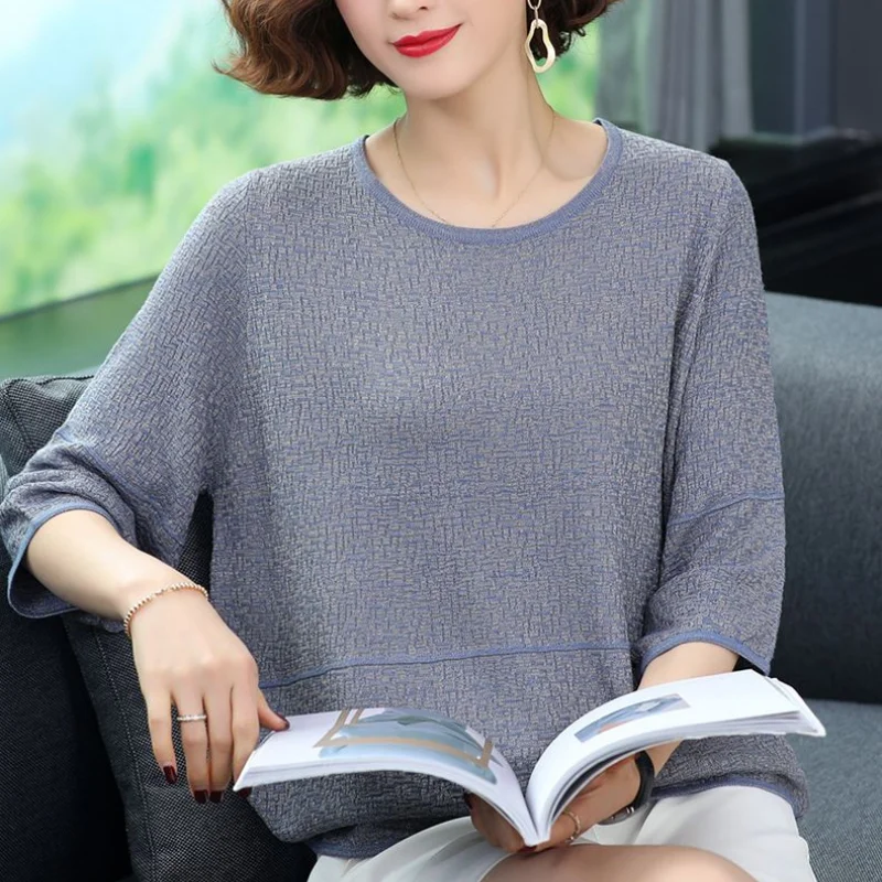 Oversize Versatile Temperament Women's Clothing 2023 Summer New Round Neck 3/4 Sleeve Solid Color Simplicity Commuter Pullover