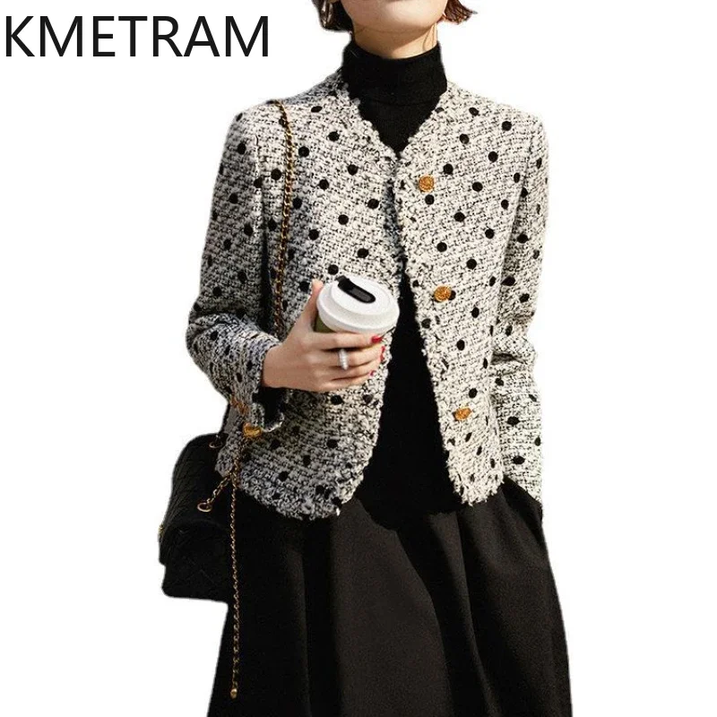 

KMETRAM Real Wool Tweed Jackets Fashion New in Outerwear Elegant Polka Dot Jacket Fall Clothes Women 2024 Chaquetas Para Mujer