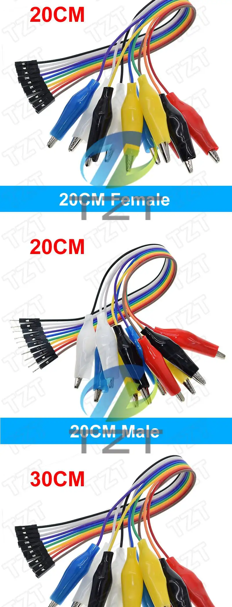 TZT 20cm 30cm 10-Pin Doppelend-Krokodilklemmen Jumperkabel Stecker-Buchse Krokodilklemme Testleitung Verbindungskabel – Detail 6