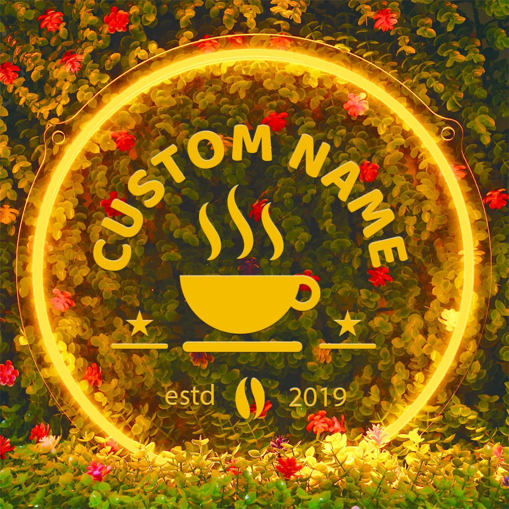 Letrero de neón con temática de café personalizable, luz colgante de pared acrílica redonda alimentada por USB para cafetería, lámpara de noche personalizada, 1 ud.
