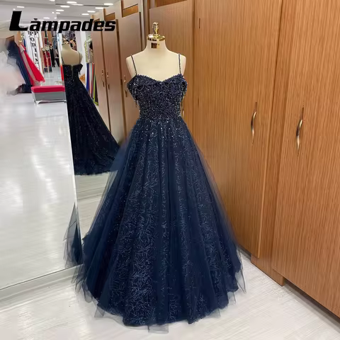 Customized Dark Blue Evening Dress Spaghetti Straps Sparkling Hand Beading A-line Prom Dress Abiti Eleganti Donna Da Cerimonia