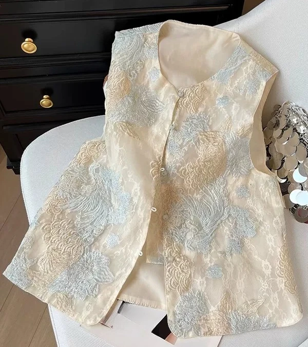 

Весенне-летний женский жилет-пальто без рукавов из органзы с вышивкой, женские жилеты-пальто в китайском винтажном стиле с цветочным узором