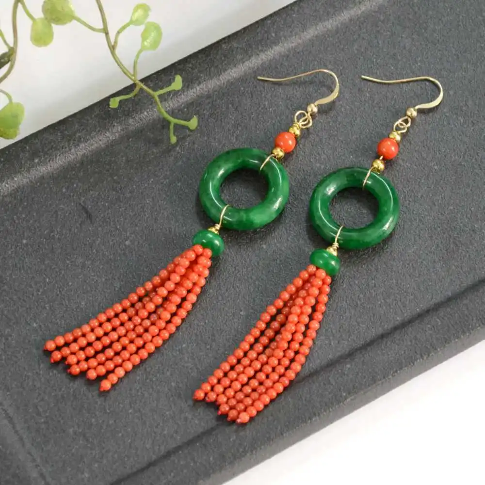 Natural Green jade Red coral beads Circle fringe Earrings FOOL'S DAY Lucky Ear stud Diy New Year Halloween Hook VALENTINE'S DAY