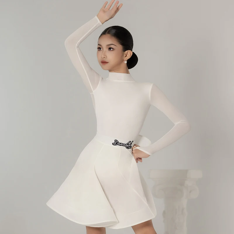 Weiß Latin Dance Lange Ärmel Cha Cha Rumba Kleidung Mädchen Kinder Samba Tanz Praxis Wettbewerb Kleid Samt Tanz Kleid