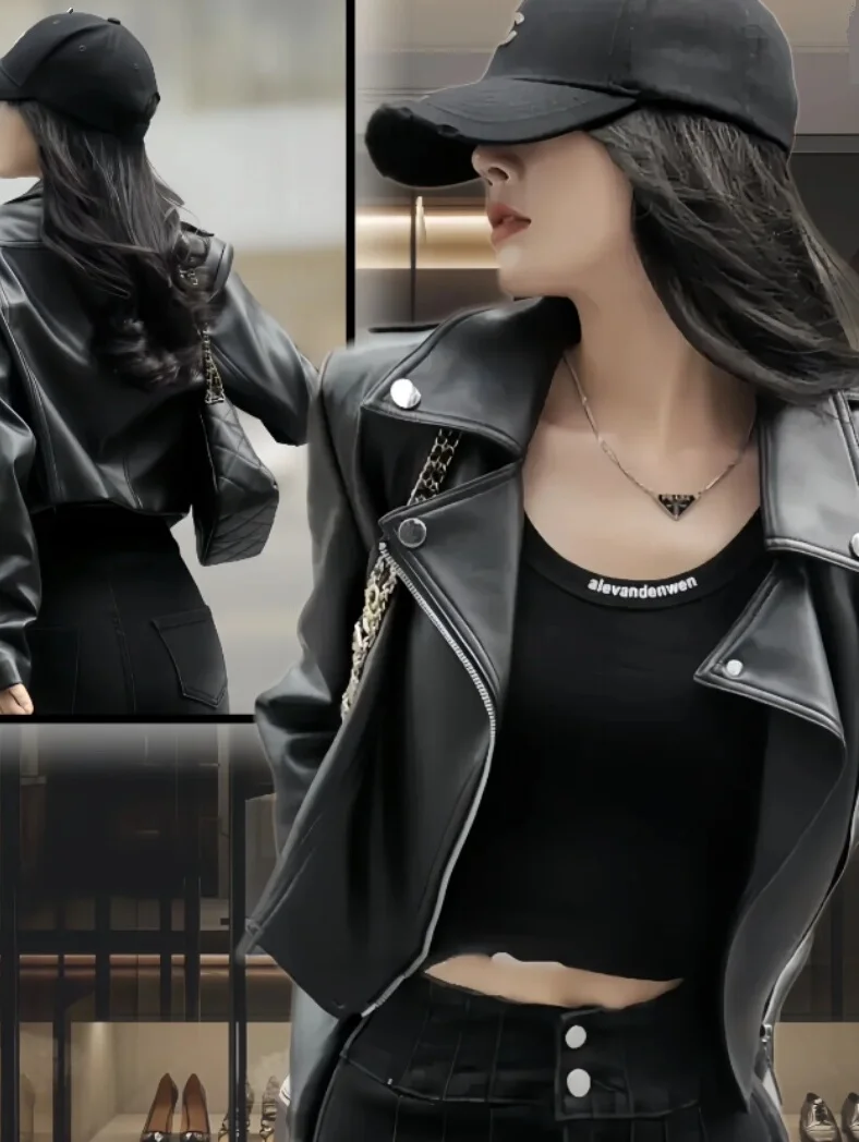 

Черная короткая кожаная куртка для женщин в американском ретро-стиле, модная верхняя одежда, новинка весна-осень