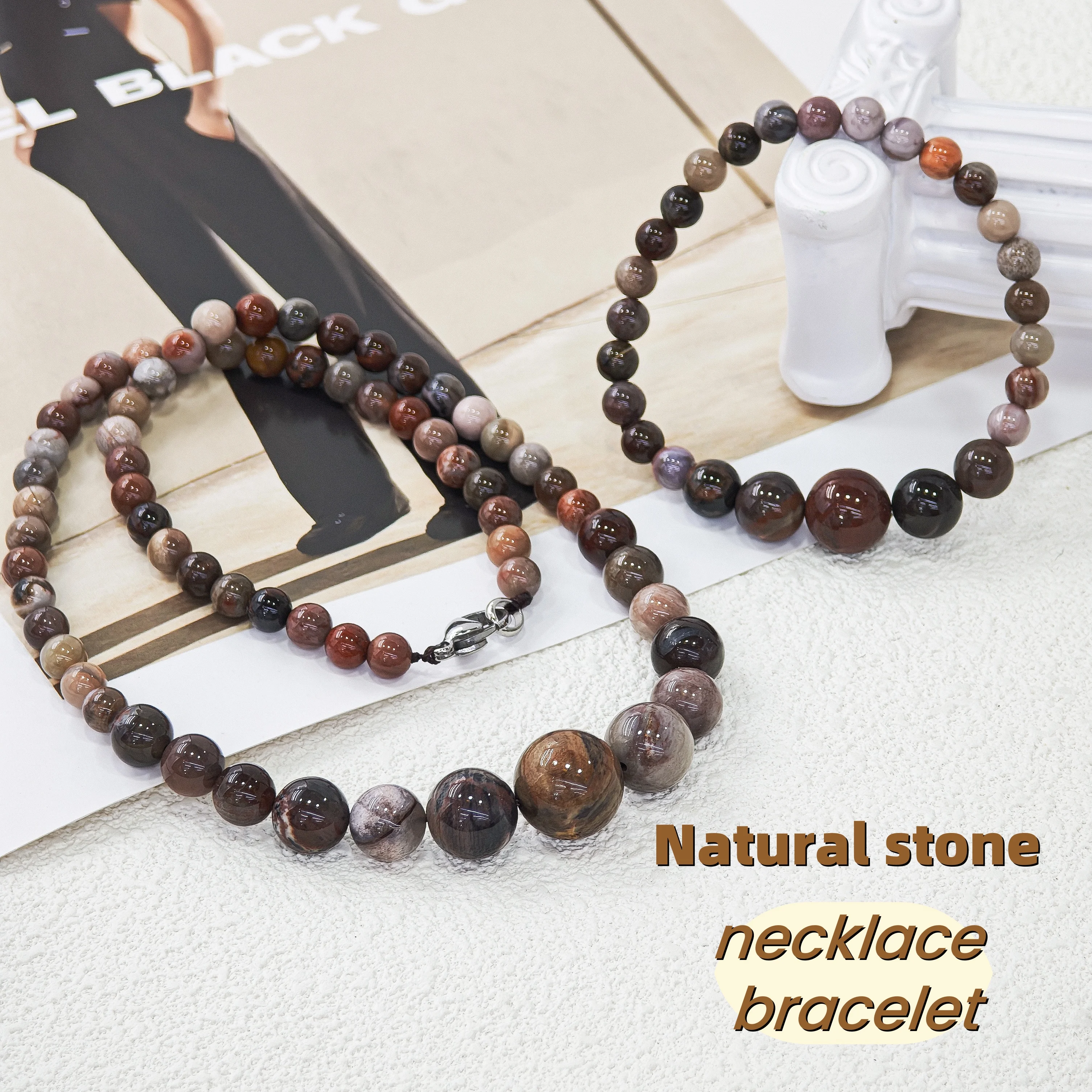 

Lecter Store Unique handmade colored brown natural stone necklace bracelet pendant, round women's jewelry gift set accessories