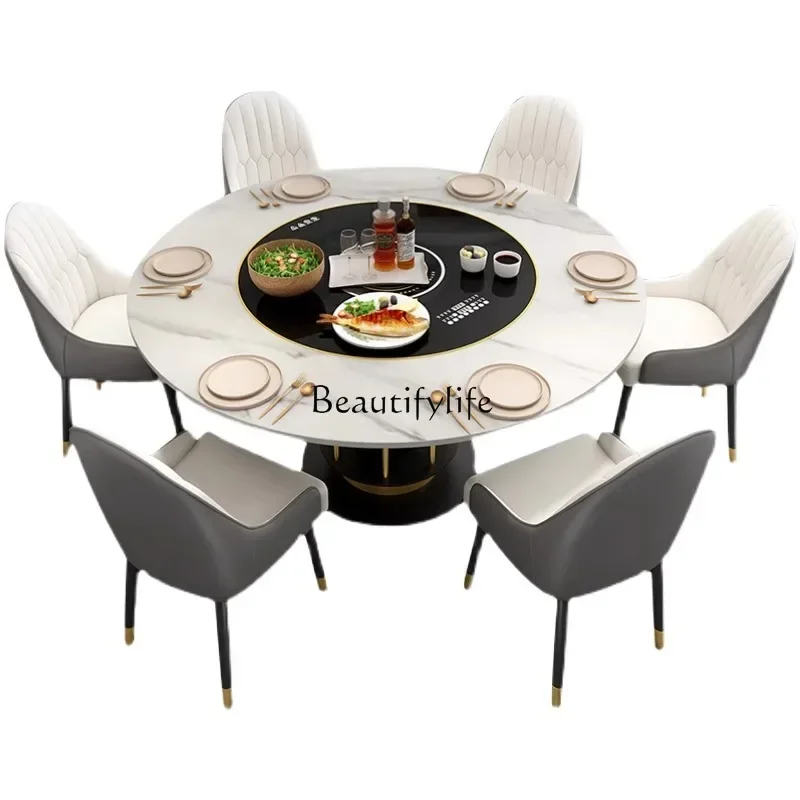 Large round dining table light luxury rock slab multi-functional modern simple household embedded thermal insulation turntable