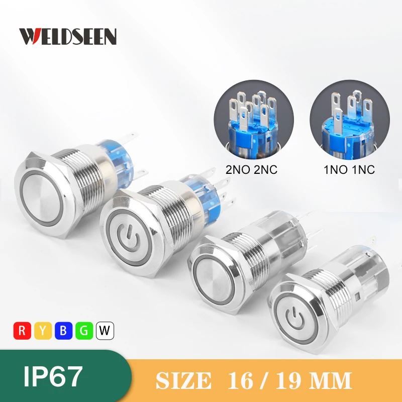16/19mm metalowy przełącznik wciskany 2NO 2NC chwilowy zatrzask stała dioda LED zasilania elektrycznego 3V 6V 12V 24V 220V