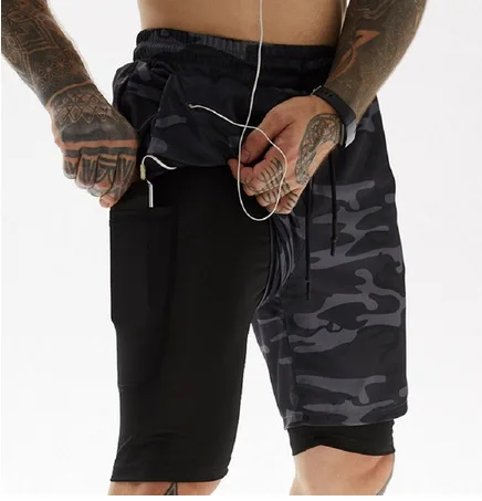 Men Workout Shorts with Legging Lining Slim Bodybuilding Short Pants with Zipper Pockets and Earphone Cable Hole