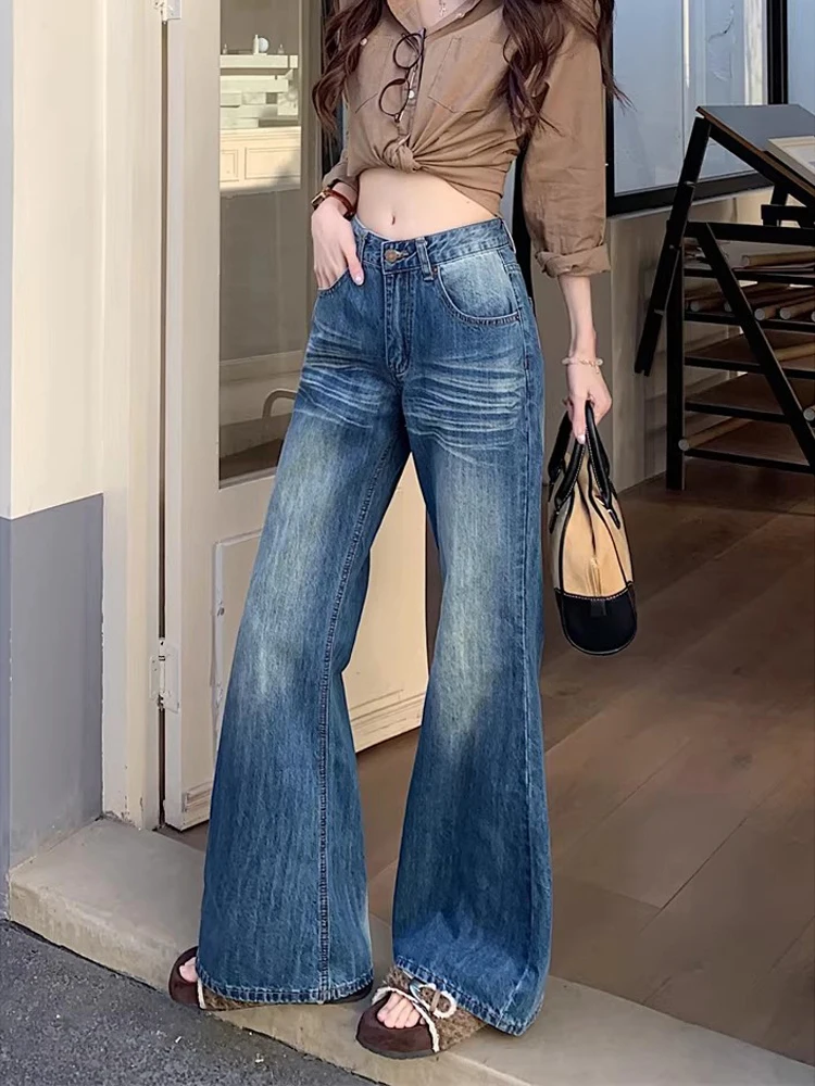 

Retro American Bell Bottom Denim Jeans Women's Summer New Washed Texture High Waist Loose Match Long Pants Blue Casual Style