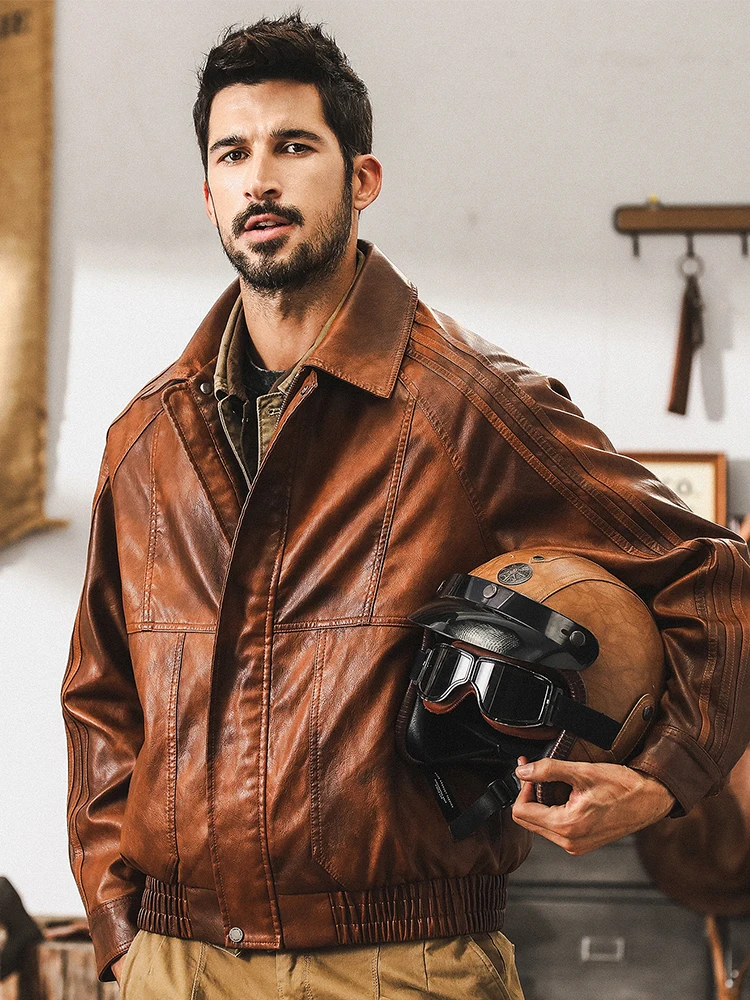 

American Classic Retro Leather Jaet Men's Autumn New Faion Loose Motorcycle Sle Hard Man Workwear Jaet PU Leather